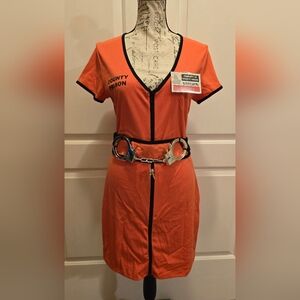 Women's Orange Prisoner Costume Dress with Handcuffs Medium